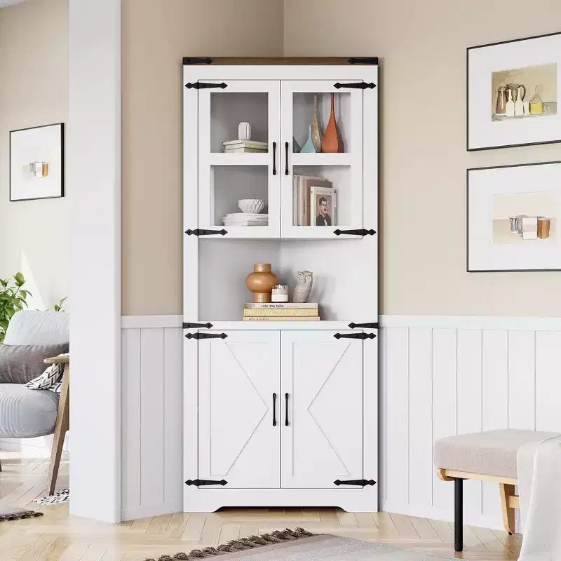 Meuble de rangement d'angle haut de 170 cm avec éclairage, vaisselier d'angle de style rustique avec portes vitrées, organisateur de rangement en bois pour cuisine, salle de bain