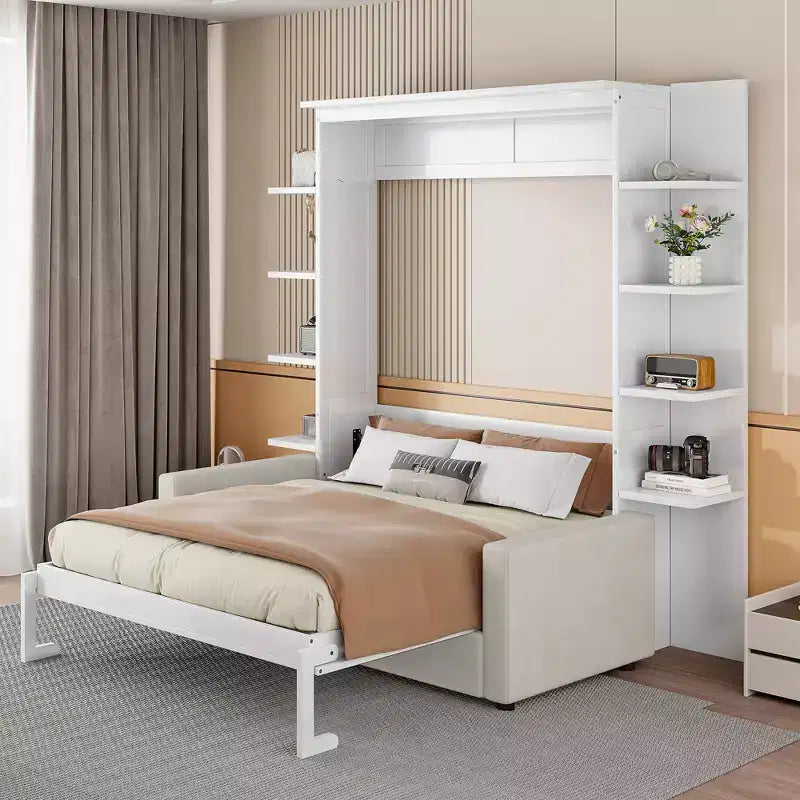 Whisen Modern Design Wood Frame Queen Size Murphy Bed Wall Bed with Sofa and Shelves