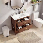 36 Farmhouse Bathroom Vanity with Sink  Freestanding Walnut Vanity Cabinet with 2 Drawers, Open Shelf & Handles, Easy Assembly