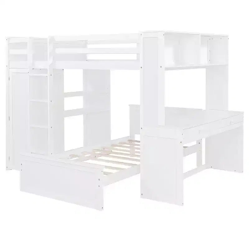 Luxystar Full over Twin L Shaped Bunk Bed with Desk, Bookcase and Wardrobe