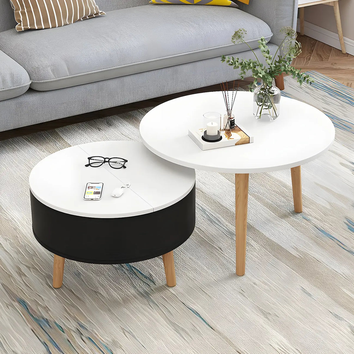 Black White Modern Round Wood Coffee Table with Storage