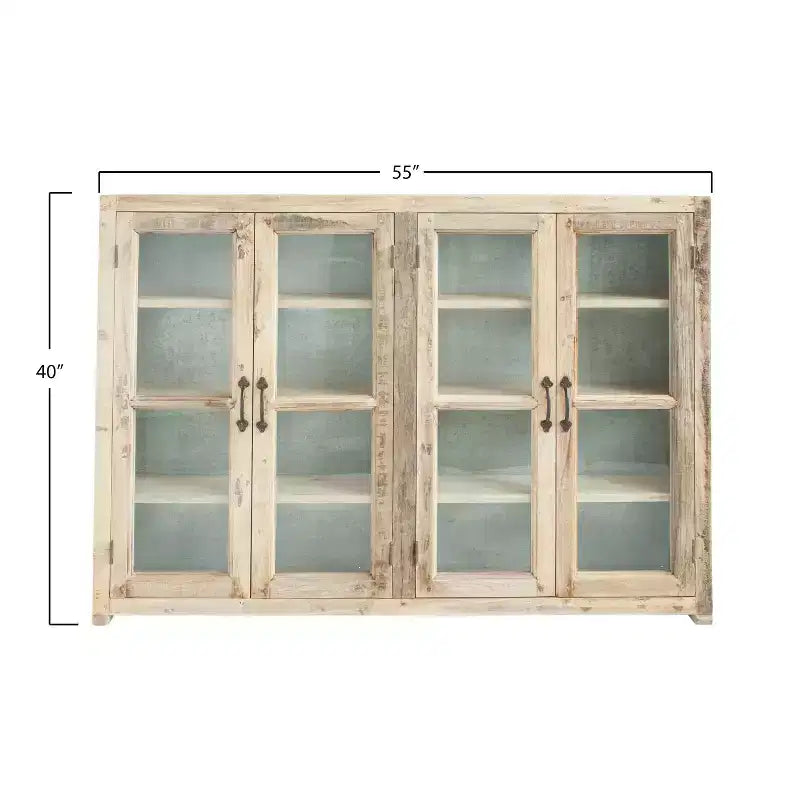 40 Tall 4-Door Reclaimed Wood and Metal Storage Cabinet with Glass Doors, Brown