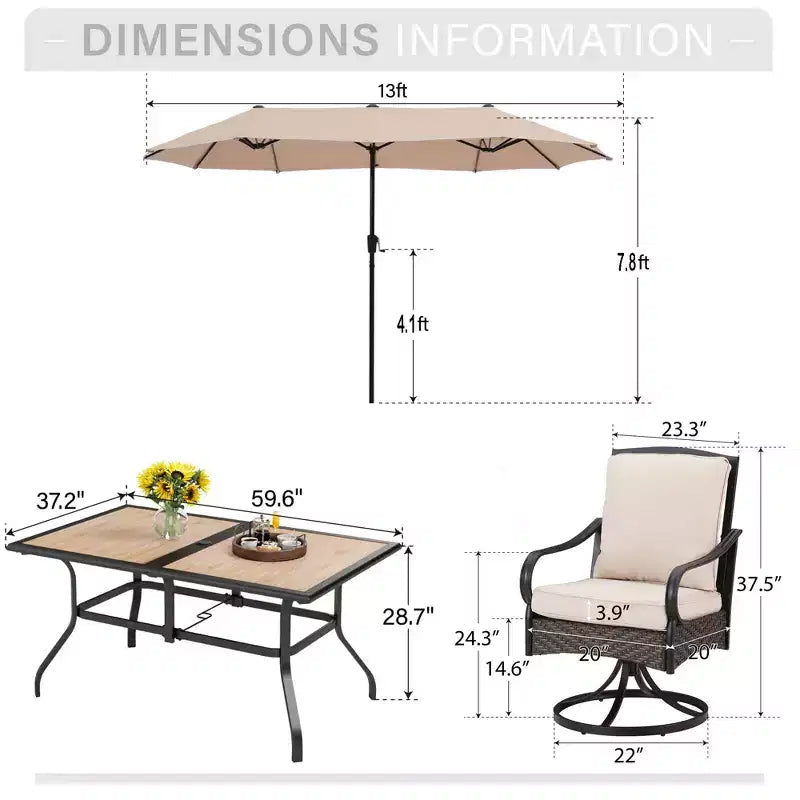 Captiva Designs 8pc Outdoor Patio Rectangle Steel Dining Table & Rattan Swivel Chairs & Beige Umbrella