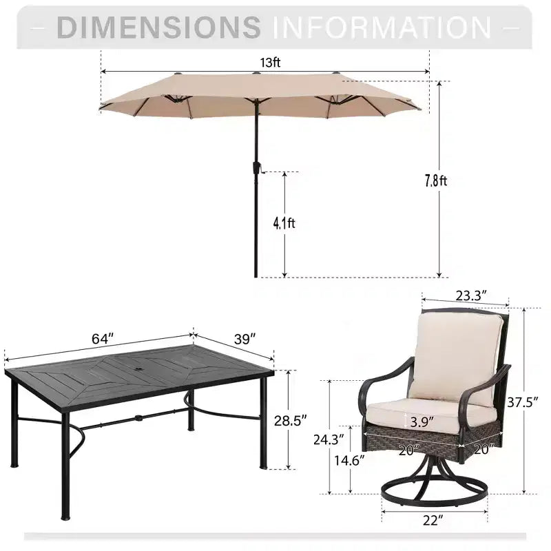 Captiva Designs 8pc Outdoor Patio Rectangle Steel Dining Table & Rattan Swivel Chairs & Beige Umbrella