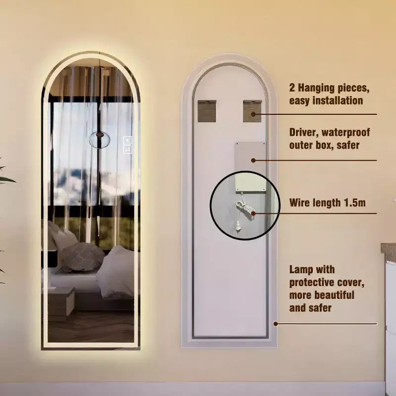 Modern Arched LED Full-Length Vanity Mirror, Dimmable Lights, Standing or Wall-Mounted Mirror for Bedroom, Makeup, Dressing Room-Panipeachy