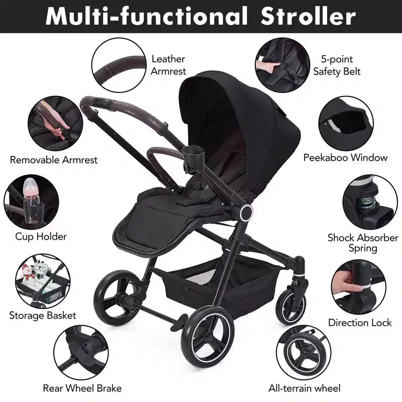 Baby Stroller, Foldable Stroller - High Landscape Pushchair for Newborn & Toddler, Convertible Pram with Reversible Backrest