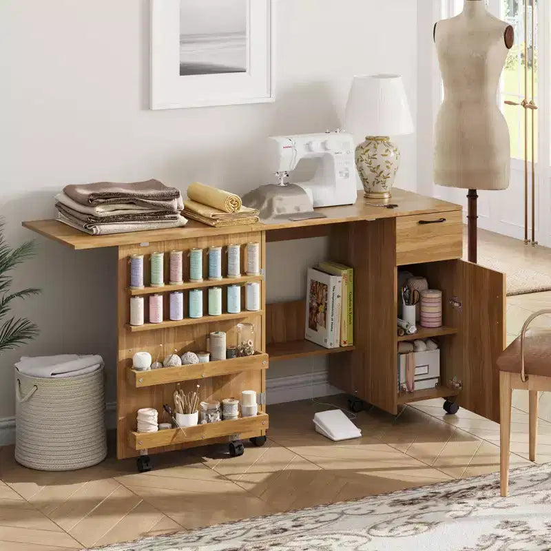 Folding Sewing Machine Table, Rolling Side Desk for Sewing Machine, Craft Station with Lockable Wheels for Home, Bedroom, Small Spaces