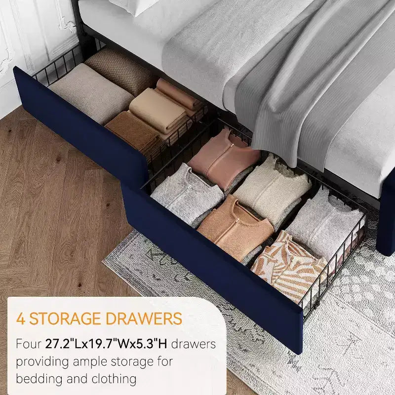 Storage Bed Frame with 4 Drawers & Adjustable Headboard - Upholstered Platform Bed