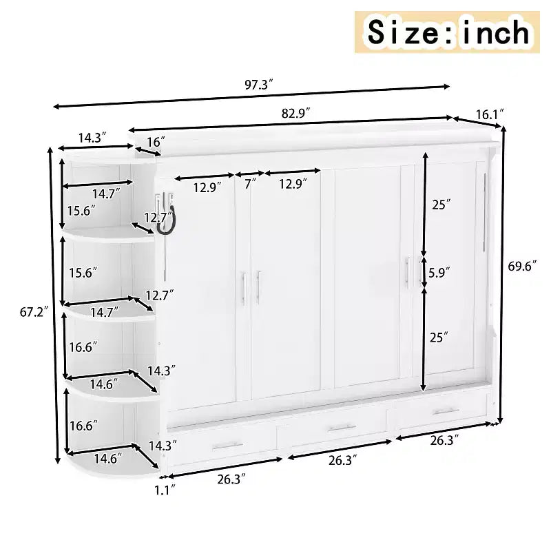 GDFStudio Rina Modern Murphy Platform Bed with Shelf, Side Cabinets and Drawers