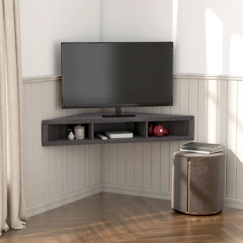 47 Corner Floating TV Stand, 3 Shelves, Transitional Style, Space-Saving Wall Mount