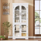 70 Tall Kitchen Pantry Cabinet, Modern Display Cabinet with 4 Arched Glass Doors and Adjustable Shelves, for Kitchen, Living Room, Dining, Bathroom