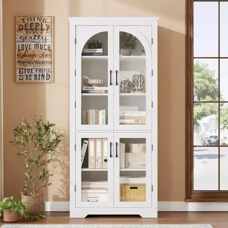70 Tall Kitchen Pantry Cabinet, Modern Display Cabinet with 4 Arched Glass Doors and Adjustable Shelves, for Kitchen, Living Room, Dining, Bathroom