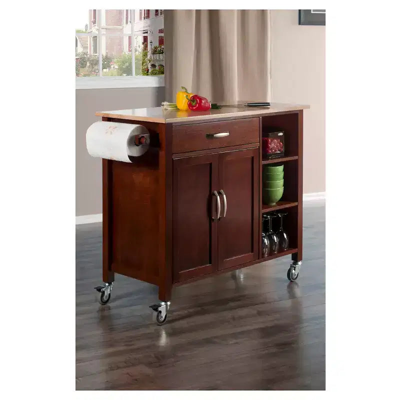 Mabel Kitchen Cart Wood/Walnut/Natural - Winsome: Mobile Storage Unit with Towel Rack, Hardwood Frame