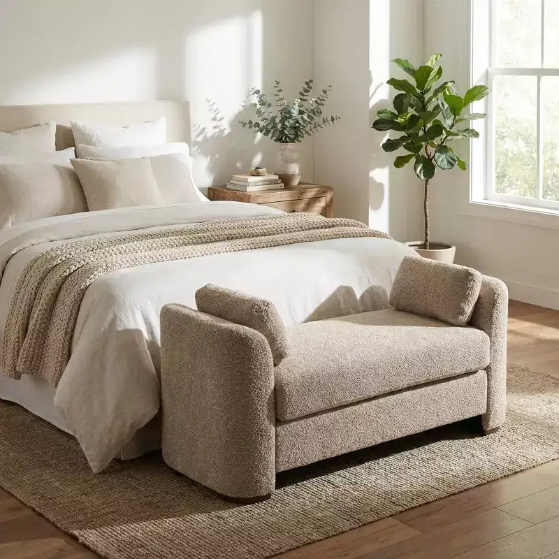 GDFStudio Jase Contemporary Rubberwood Boucl Upholstered Bench with Pillows