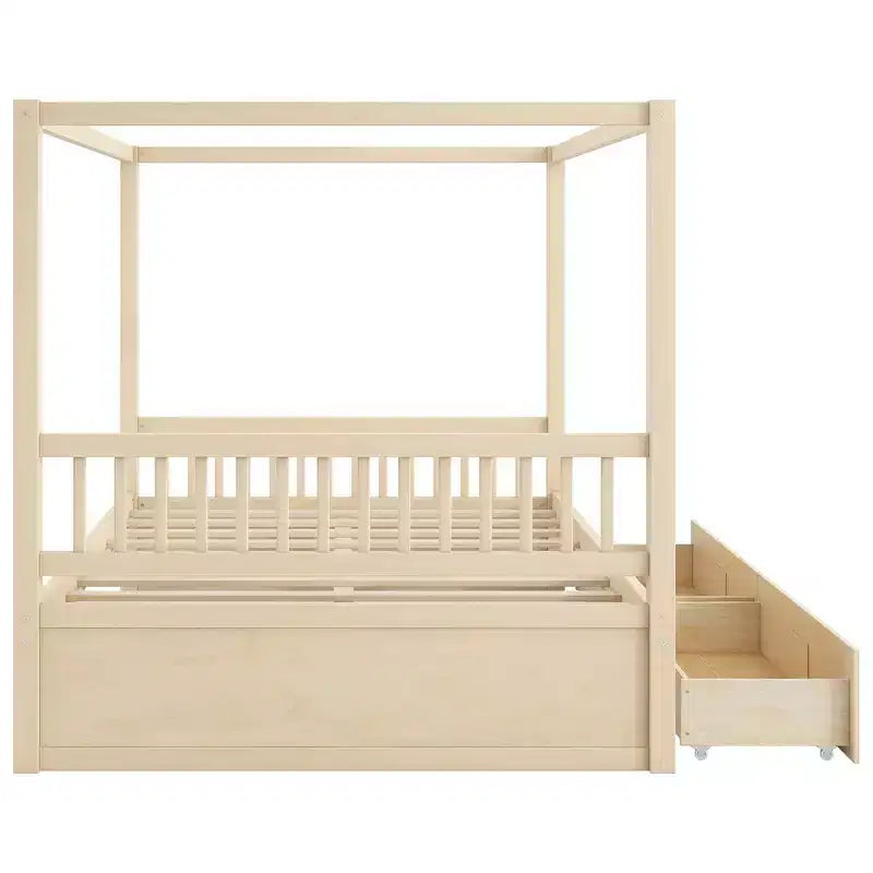 Cadre de lit à baldaquin en bois Whisen de taille Queen avec 2 tiroirs de rangement intégrés, construction robuste et durable