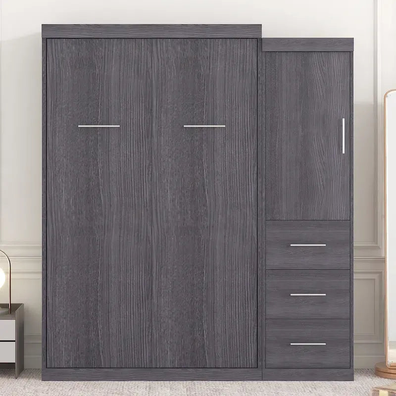 Gray Twin Size Foldable Murphy Bed Cabinet with 1 Wardrobe and 3 Drawers for 1 Person