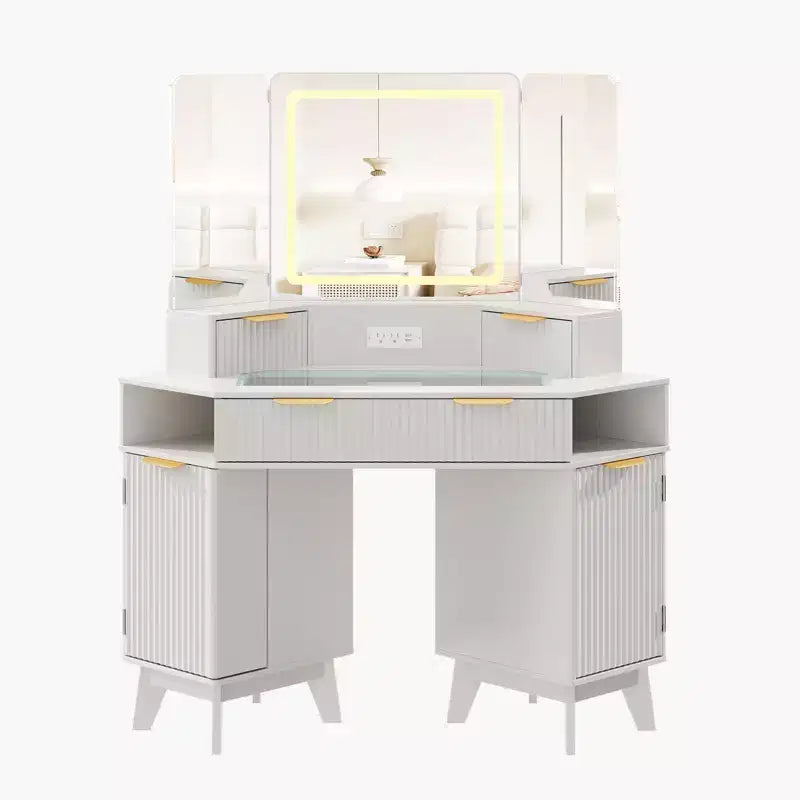 47 Corner Makeup Vanity Desk with Mirror and Light, Wooden Dressing Table with Glass Top & Charging Station, Makeup Vanity Table for Bedroom