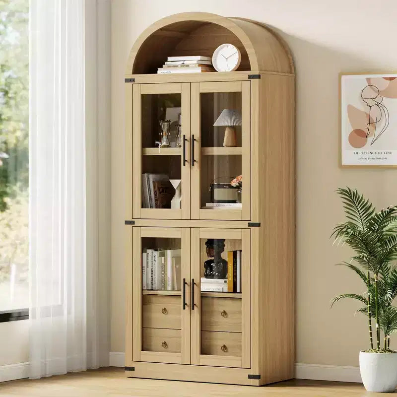 GustoWave 71.4 Tall Arched Bookcase with 4 Doors and 2 Drawers, 15.8 Depth Display Cabinet Storage Shelves ,Wooden Bookshelf