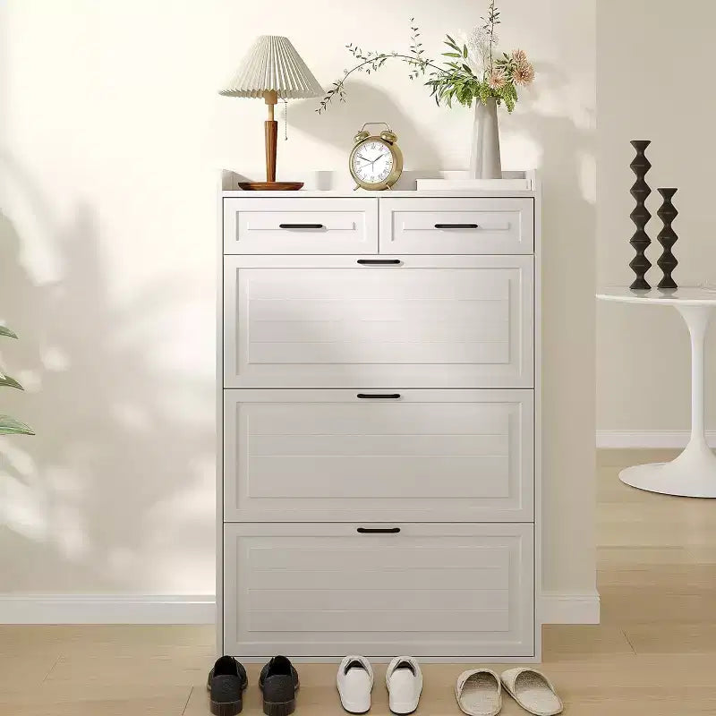 Meuble à chaussures avec 3 tiroirs basculants et 2 tiroirs de rangement, organiseur de chaussures étroit peu encombrant avec étagères réglables pour entrée, blanc