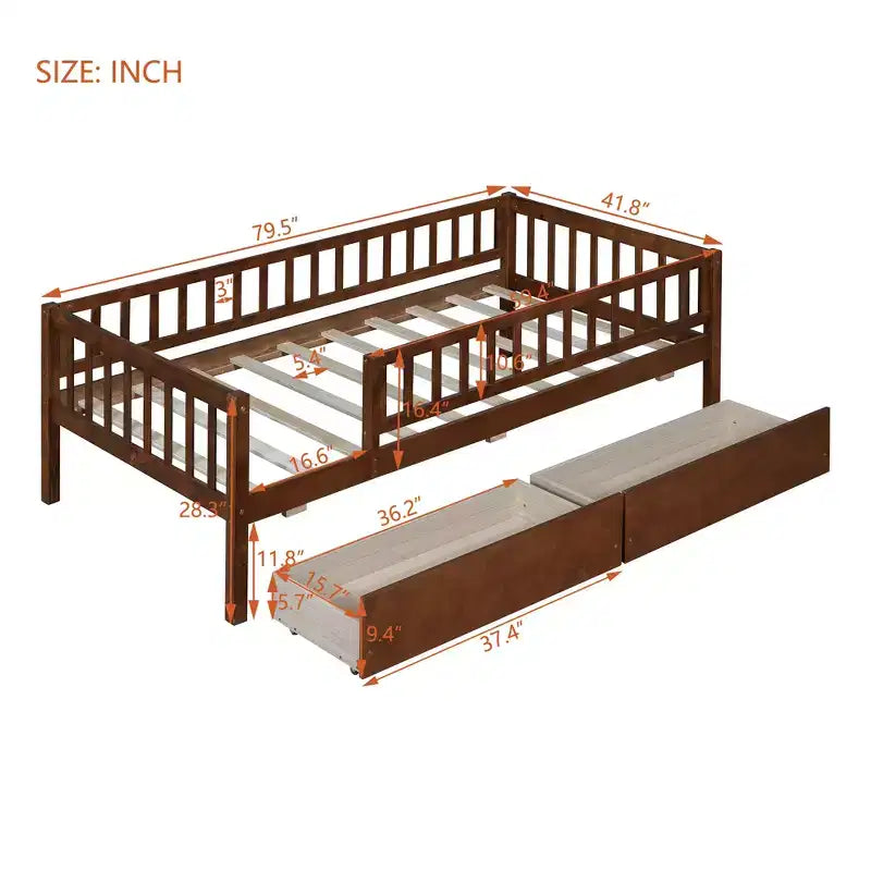 Twin Size Low Daybed with Storage Drawers, Wood Twin Platform Bed Frame with Rails for Boys and Girls Bedroom
