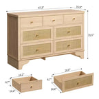 7 Drawer Dresser for Bedroom, 47.3 Wide Natural Rattan Chest of Drawers, Wood Boho Clothing Storage Organizer, for Living Room