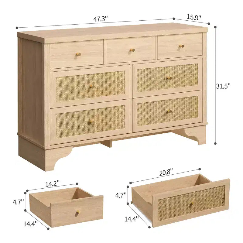 7 Drawer Dresser for Bedroom, 47.3 Wide Natural Rattan Chest of Drawers, Wood Boho Clothing Storage Organizer, for Living Room