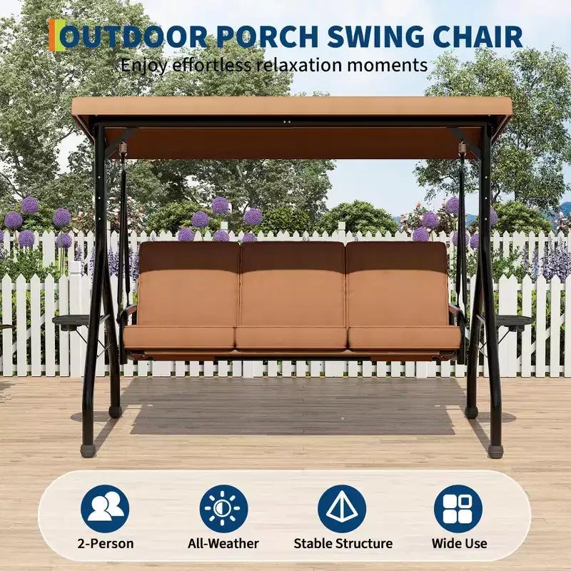 3 Seat Outdoor Porch Swing, 2-in-1 Patio Swing Chair, Thickened Removable Cushions, Adjustable Canopy, Weather Resistant Steel Frame