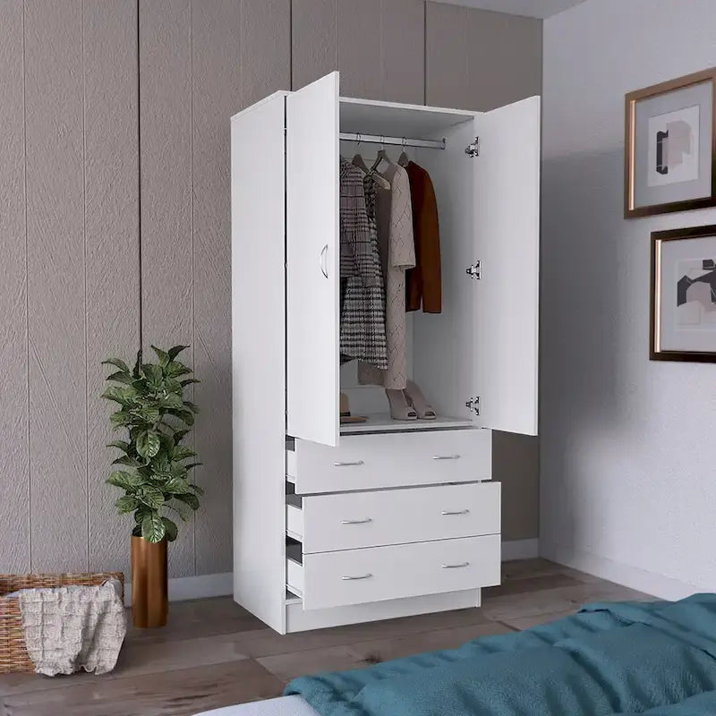 19 Modern Double-door Armoire with 3 Drawers and 1 Hanging Rod for Bedroom
