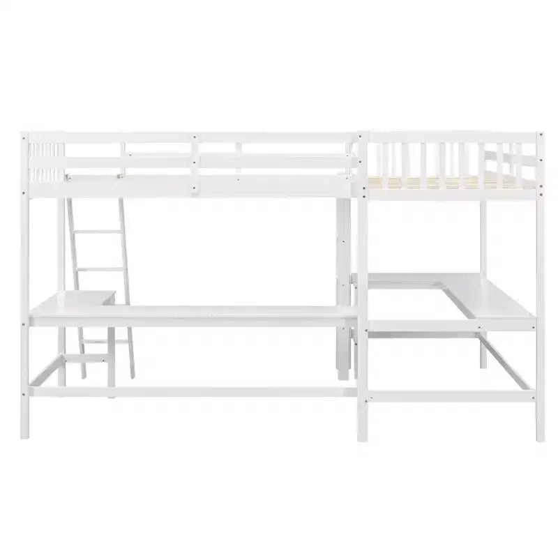 119''L 79.5''W Wood Twin Size L-Shaped Loft Bed with Ladder and 2 Built-in L-Shaped Desks
