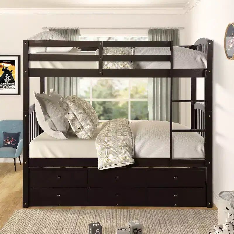 Lit superposé double avec échelle, barrière de sécurité, lit gigogne double avec 3 tiroirs pour chambre d'adolescent, meubles de chambre d'amis