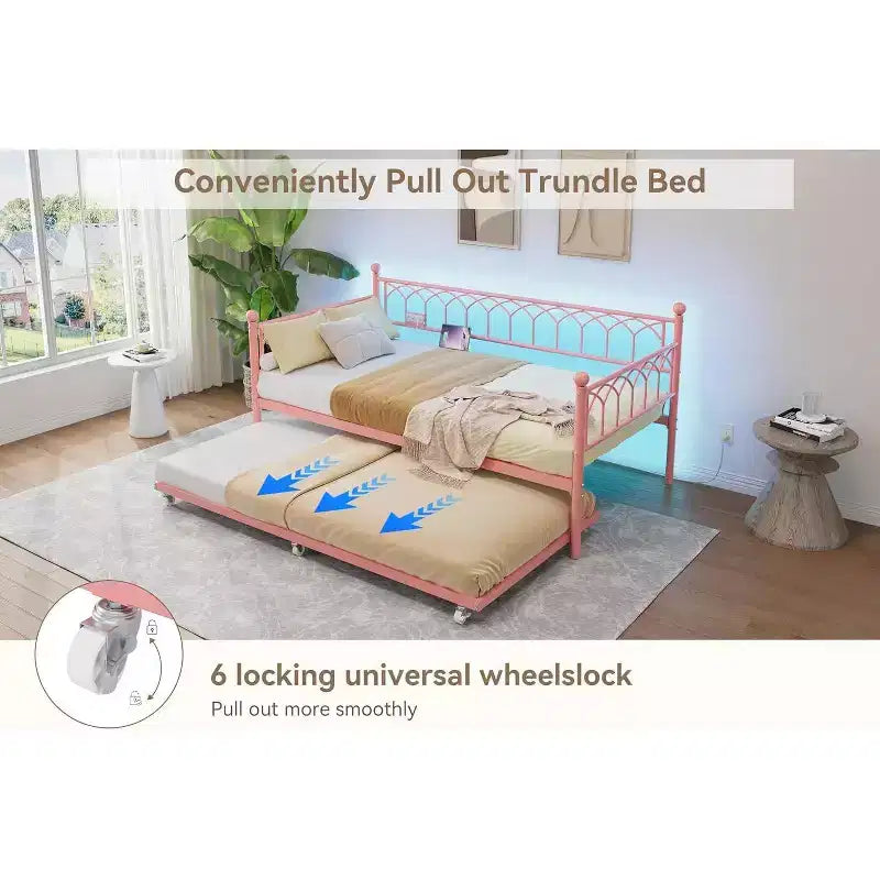 Twin Daybed with Trundle,with Charging Station & LED Lights,Metal Sofa Bed Frame with Pull Out Trundle for Living Room,Bedroom,Guest Room,Apartment