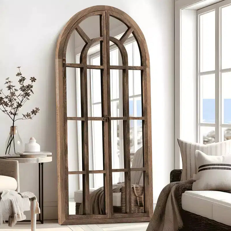 Full-Length Wall Mirror, Solid Wood Grid Arch Design, Openable, No Stand