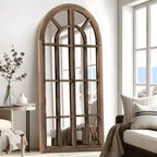 Full-Length Wall Mirror, Solid Wood Grid Arch Design, Openable, No Stand