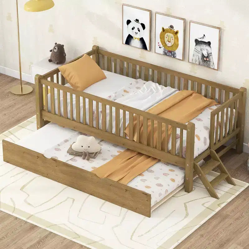 Whisen Twin Size Wood Platform Bed with Guardrail and 2 Drawers