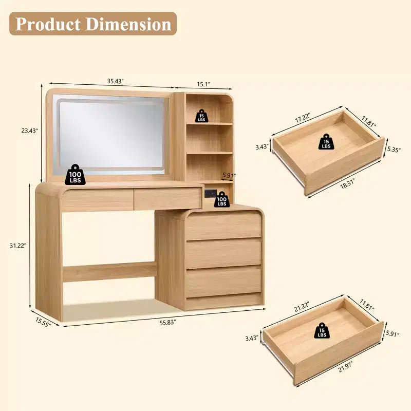 Vanity Desk with 35.4 LED Mirror and Lights, Modern Makeup Vanity Table with Charging Station & Adjustable Shelves