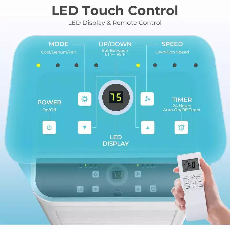 8,000 BTU Portable AC, 3-in-1 Unit with 4 Modes, Timer, LED Display, Remote & Install Kit, for Bedroom/Living Room/Office, White.