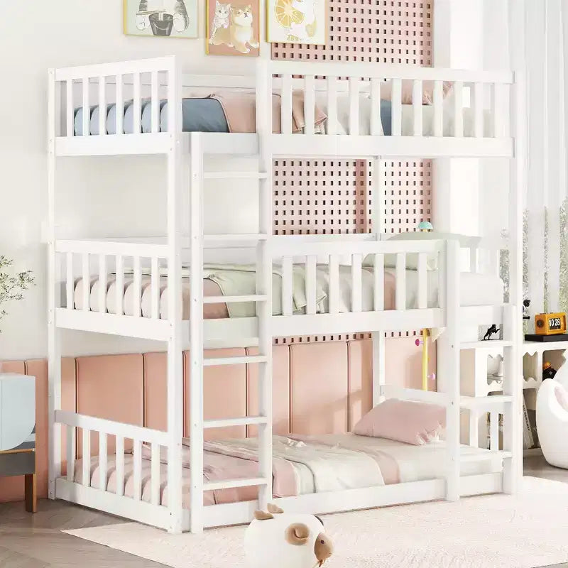 Twin Size Triple Rubber Wood Bunk Bed with Ladders & Guardrails, Detachable, White