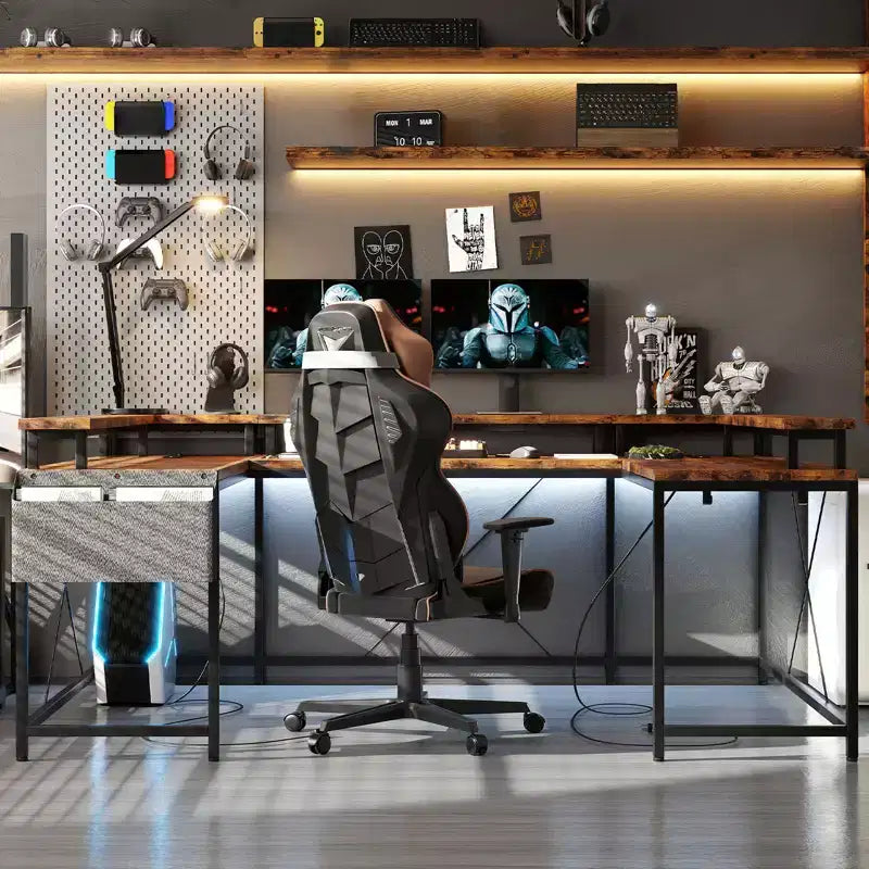COZONY 78 U/L Shaped Gaming Desk, Reversible Computer Desk with Power Outlets, LED Lights, Monitor Stand & Storage Shelf, Corner Desk for Home Office