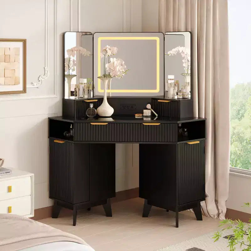 47 Corner Makeup Vanity Desk with Mirror and Light, Wooden Dressing Table with Glass Top & Charging Station, Makeup Vanity Table for Bedroom