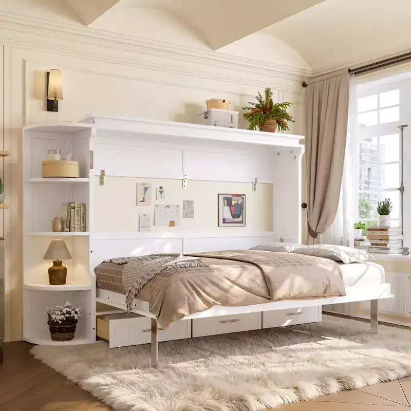 GDFStudio Rina Modern Murphy Platform Bed with Shelf, Side Cabinets and Drawers