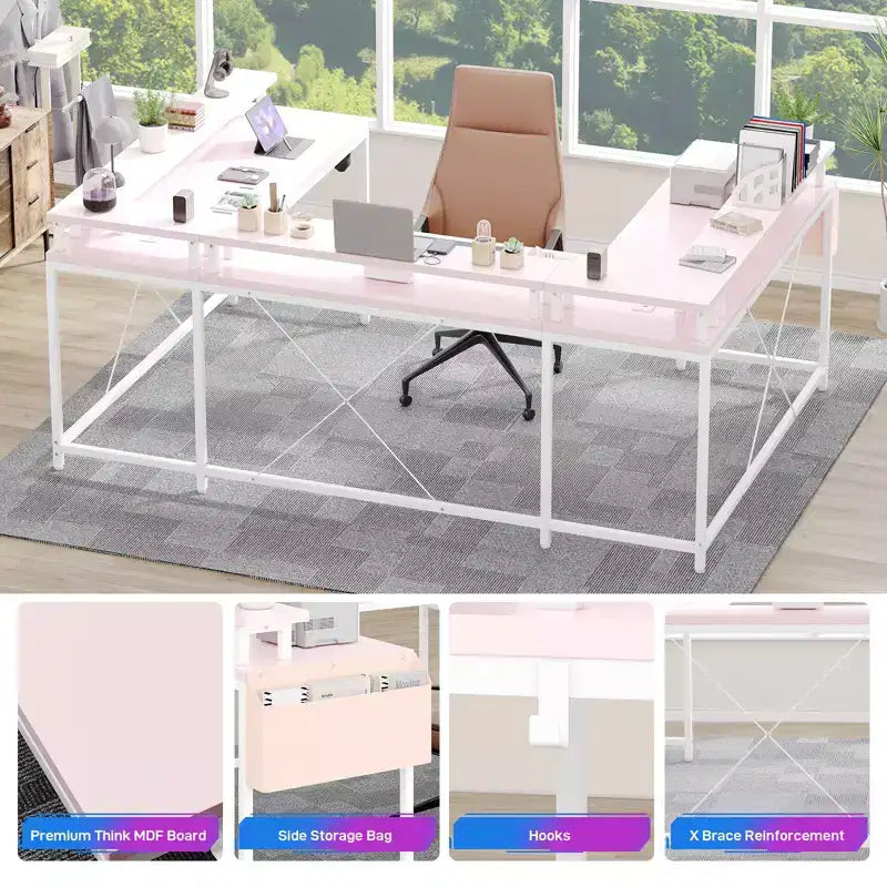 COZONY 78 U/L Shaped Gaming Desk, Reversible Computer Desk with Power Outlets, LED Lights, Monitor Stand & Storage Shelf, Corner Desk for Home Office