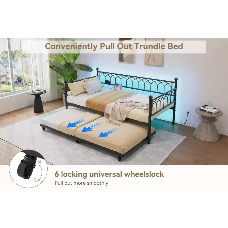 Twin Daybed with Trundle,with Charging Station & LED Lights,Metal Sofa Bed Frame with Pull Out Trundle for Living Room,Bedroom,Guest Room,Apartment