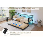 Twin Daybed with Trundle,with Charging Station & LED Lights,Metal Sofa Bed Frame with Pull Out Trundle for Living Room,Bedroom,Guest Room,Apartment