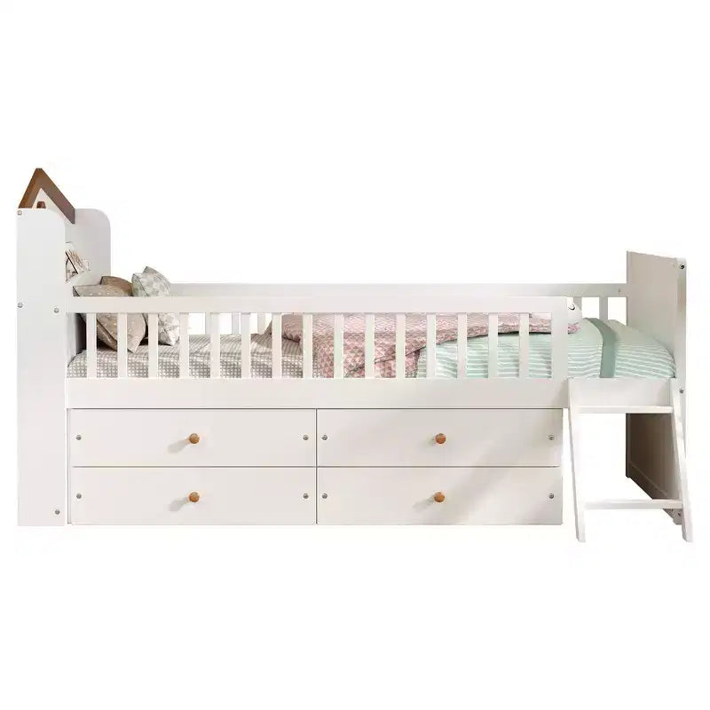 Whisen Twin Wooden Bed Frame, Platform Bed Frame with Storage 4 Drawers, Guardrail Headboard and Ladder