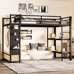 Full/Queen Size Metal Loft Bed Frame, All-In-One with Wardrobe, Storage Shelves & Pegboard, Black - ModernLuxe
