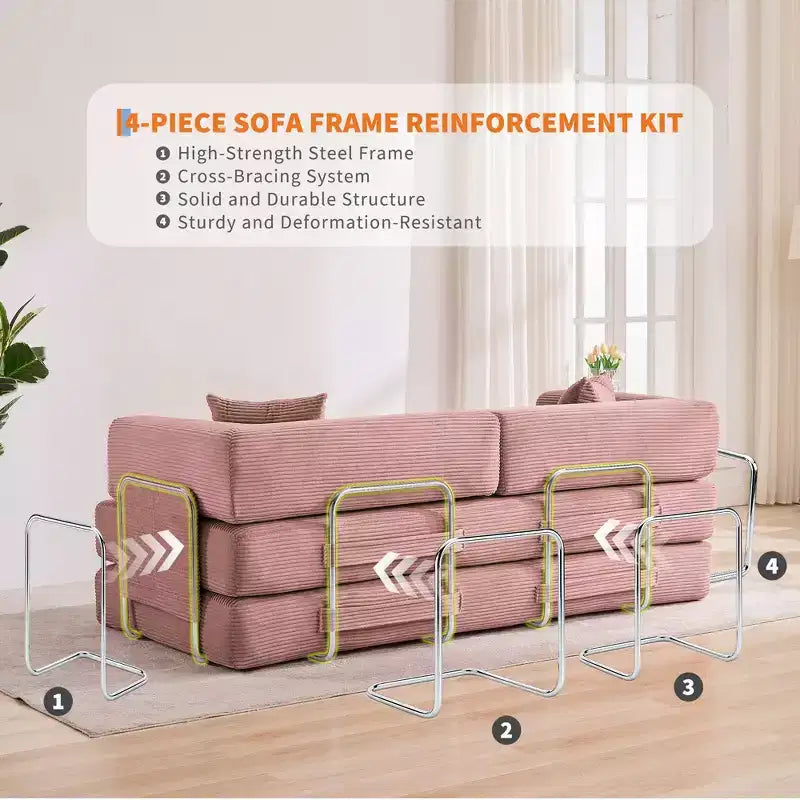 Modern 79 Corduroy Futon Sofa Bed for Small Spaces, 5-in-1 Convertible Sleeper Couch with Removable Armrests & Pillows