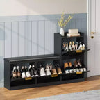 Farmhouse Shoe Cabinet with Bench, 4 Flip Drawers Entryway Shoe Storage Organizer with Comfort Cushioned Seat, Freestanding Shoe Rack Bench