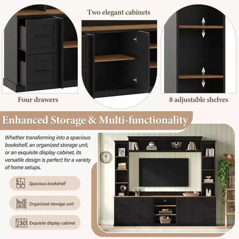 ModernLuxe 4-in-1 Farmhouse Entertainment Center Wall Unit, Fits TVs Up to 70, TV Stand Media Console w/ Adjustable Shelves & Drawers