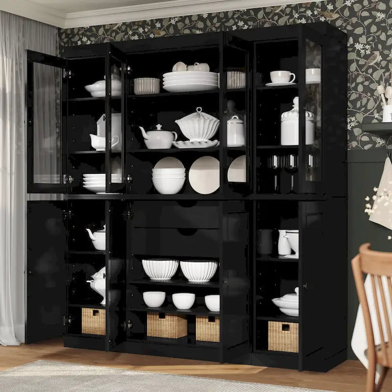 100% Solid Wood Kitchen China Pantry Buffet with Glass or Solid Wood Doors and 2-Drawer Kit 65 x 71.5