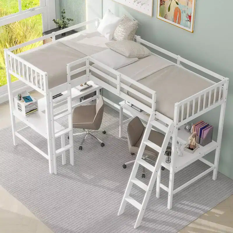 119''L 79.5''W Wood Twin Size L-Shaped Loft Bed with Ladder and 2 Built-in L-Shaped Desks